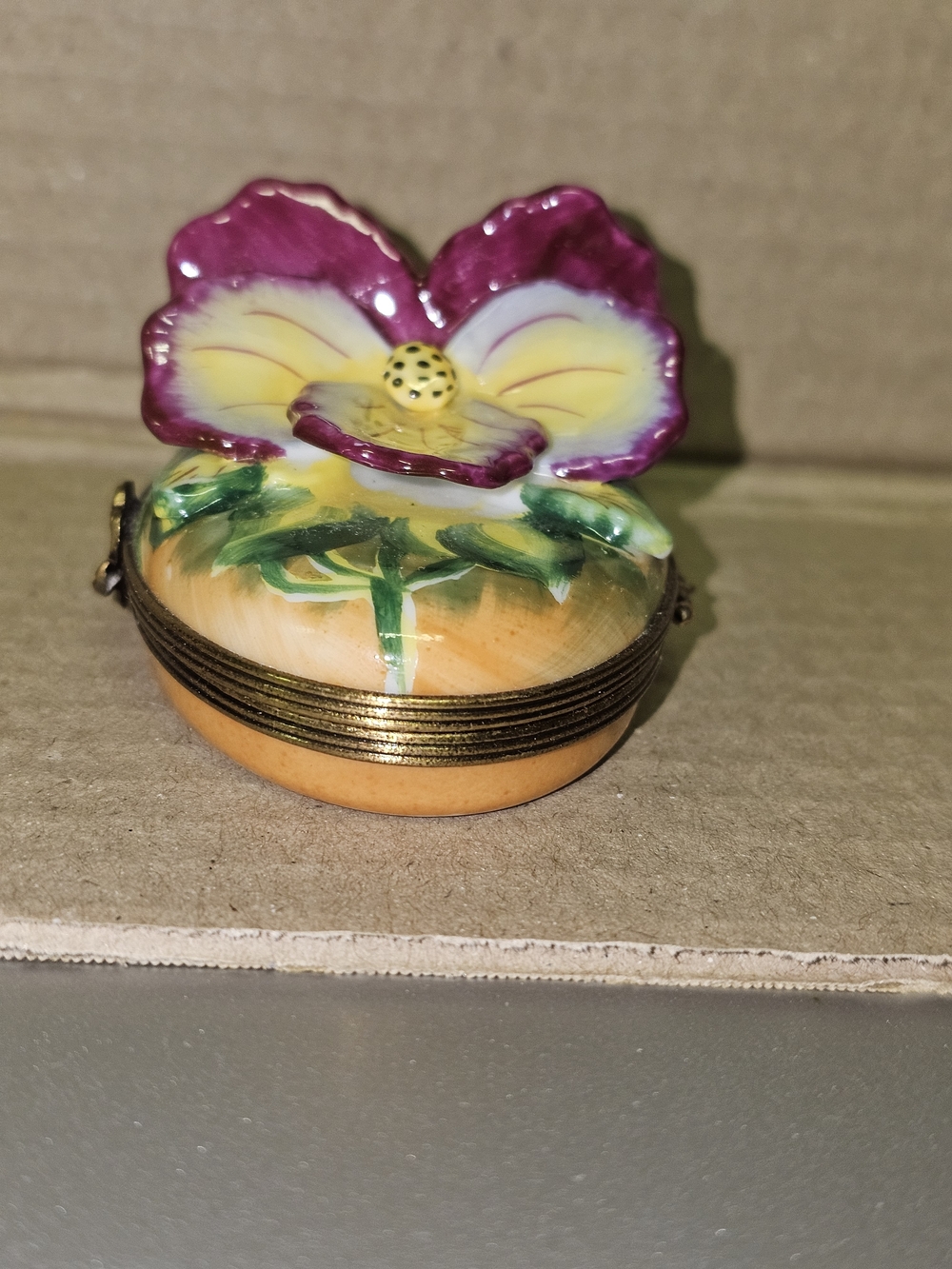 Limoges Hand-Painted Pansy Trinket Box in Purple, Yellow & Green